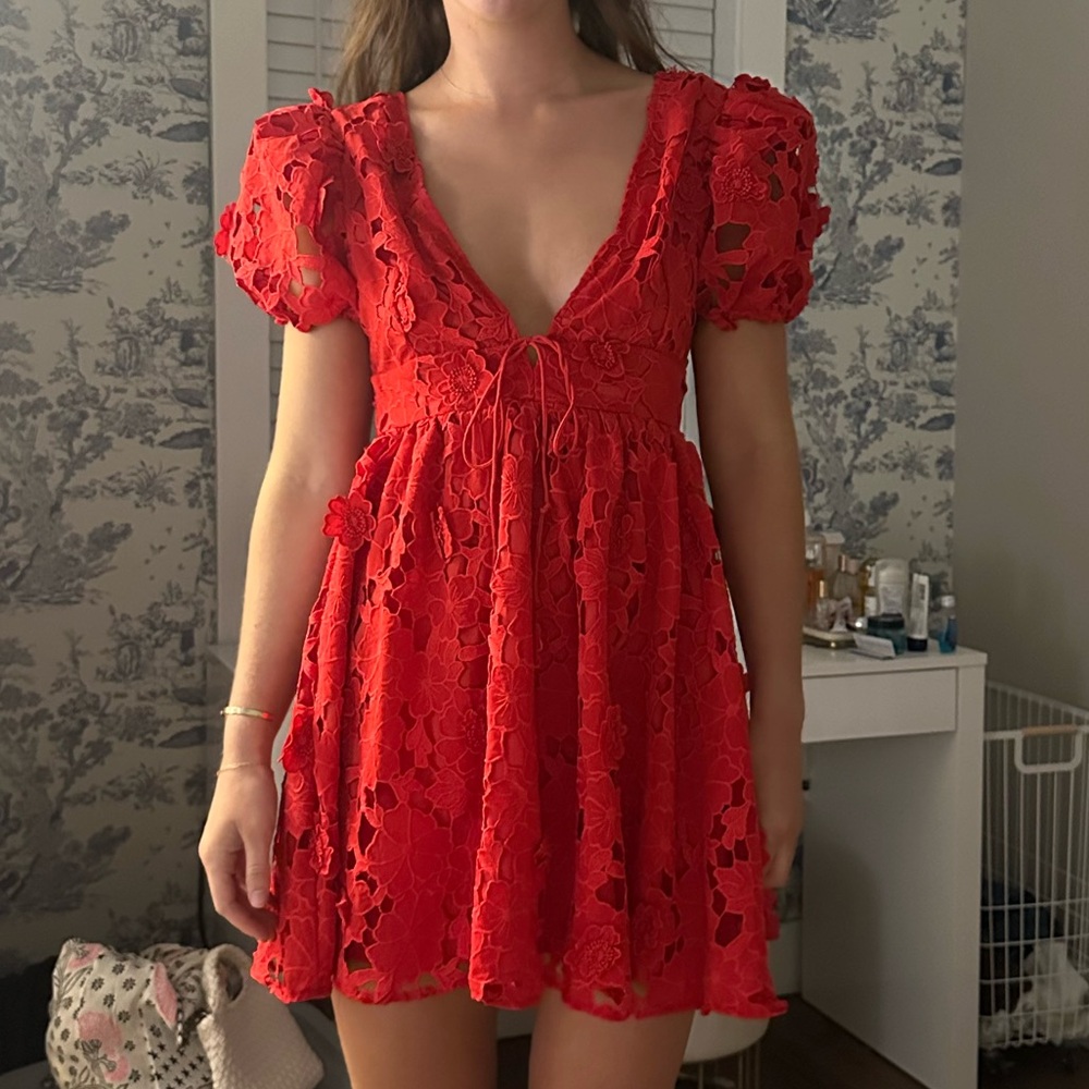 For Love And Lemons Red Puff Sleeve Mini Sundress